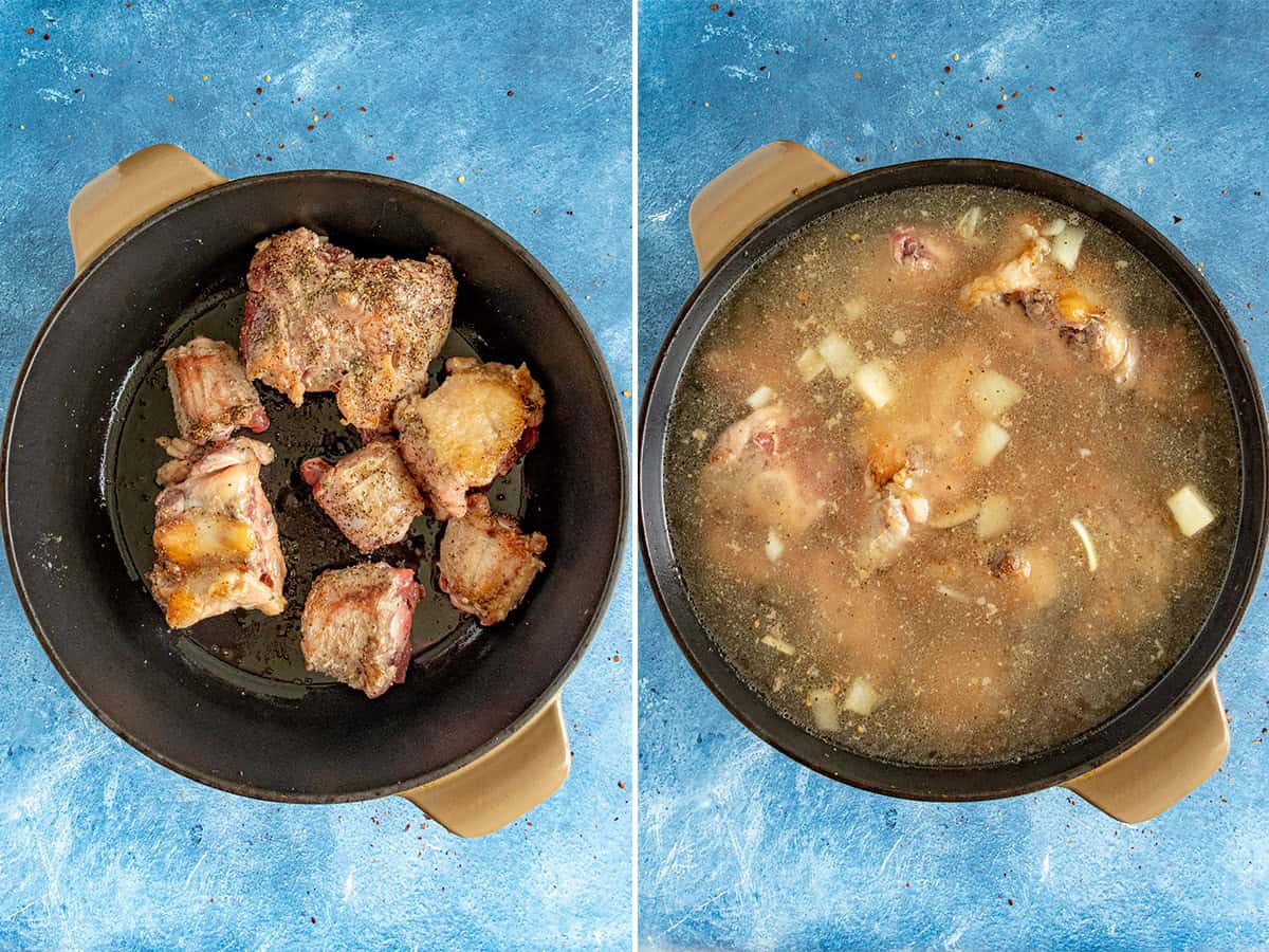 Browning oxtails in a pot then simmering them to make Filipino kare-kare