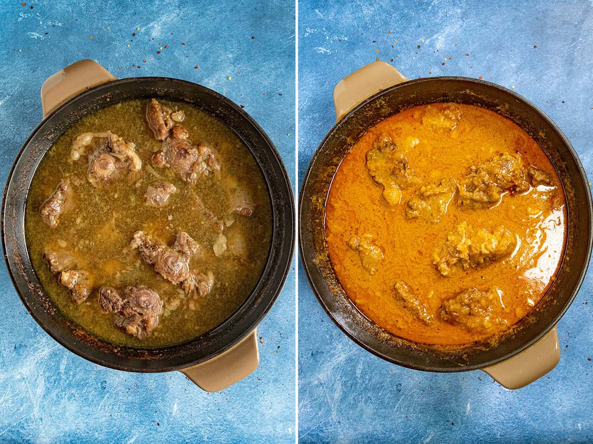 Simmering oxtails in a pot with savory peanut sauce to make Filipino kare-kare
