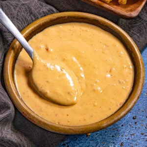 Samurai Sauce (Belgian spicy mayo) in a bowl with a spoon
