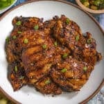 Hot chicken bulgogi slathered in Korean BBQ sauce, served on a platter