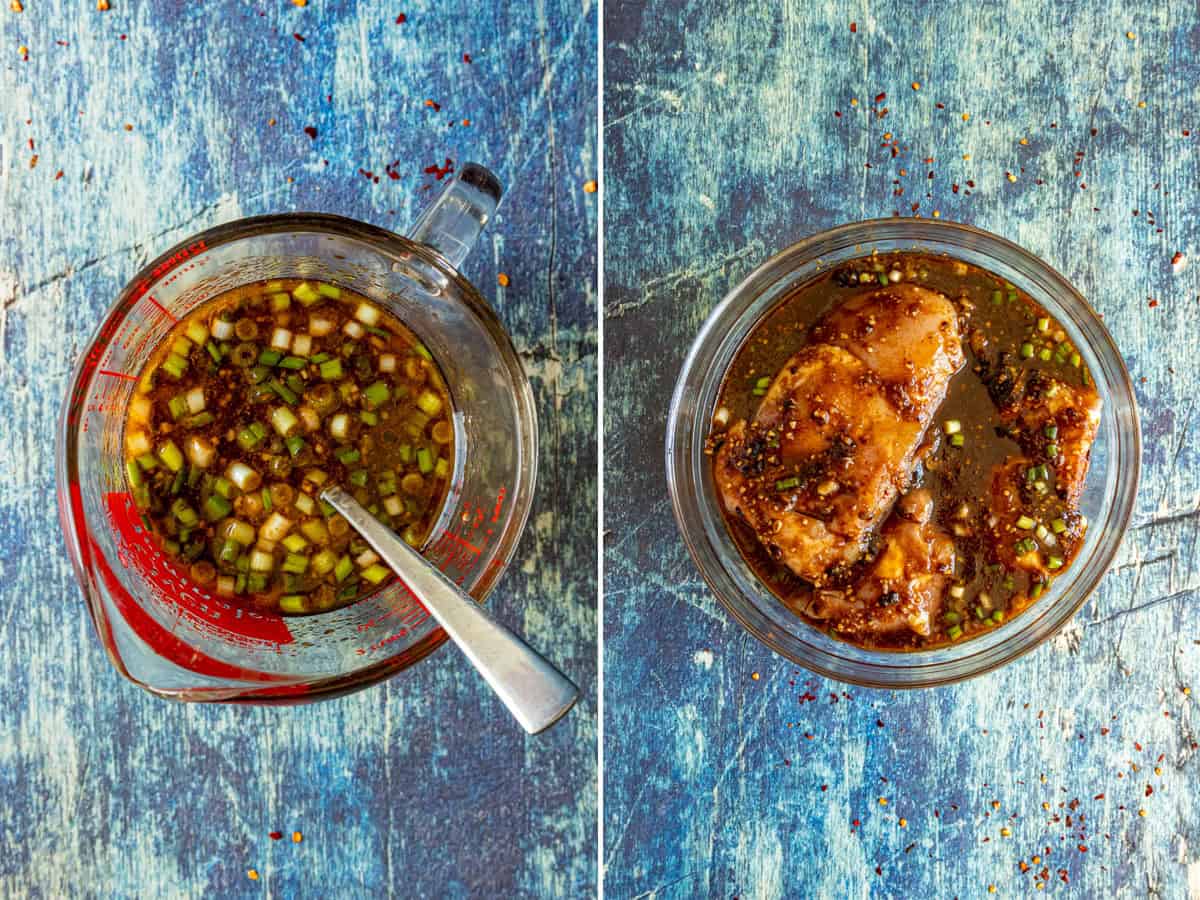 Mixing the marinade and marinating boneless chicken in bowl to make chicken bulgogi (Korean BBQ Chicken)