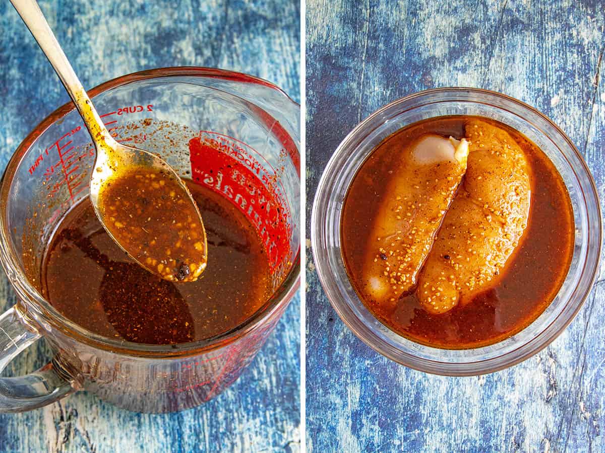 Raw chicken breast in a bowl marinating in chili lime marinade