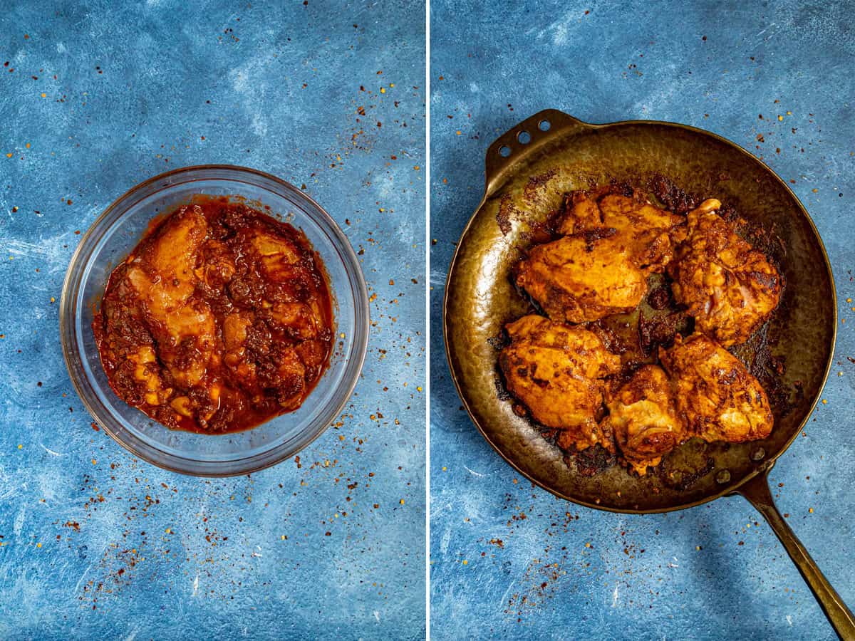Chicken thighs marinating in a bowl with smoky chipotle sauce, then seared in a hot pan