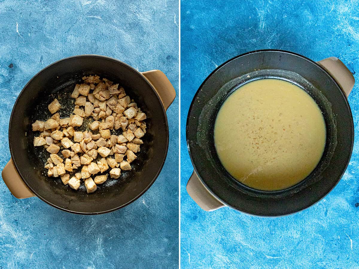 Side-by-side images of a pot: left shows browned cubed chicken pieces, right reveals the same pot simmering with a creamy Sauce Piquante roux.