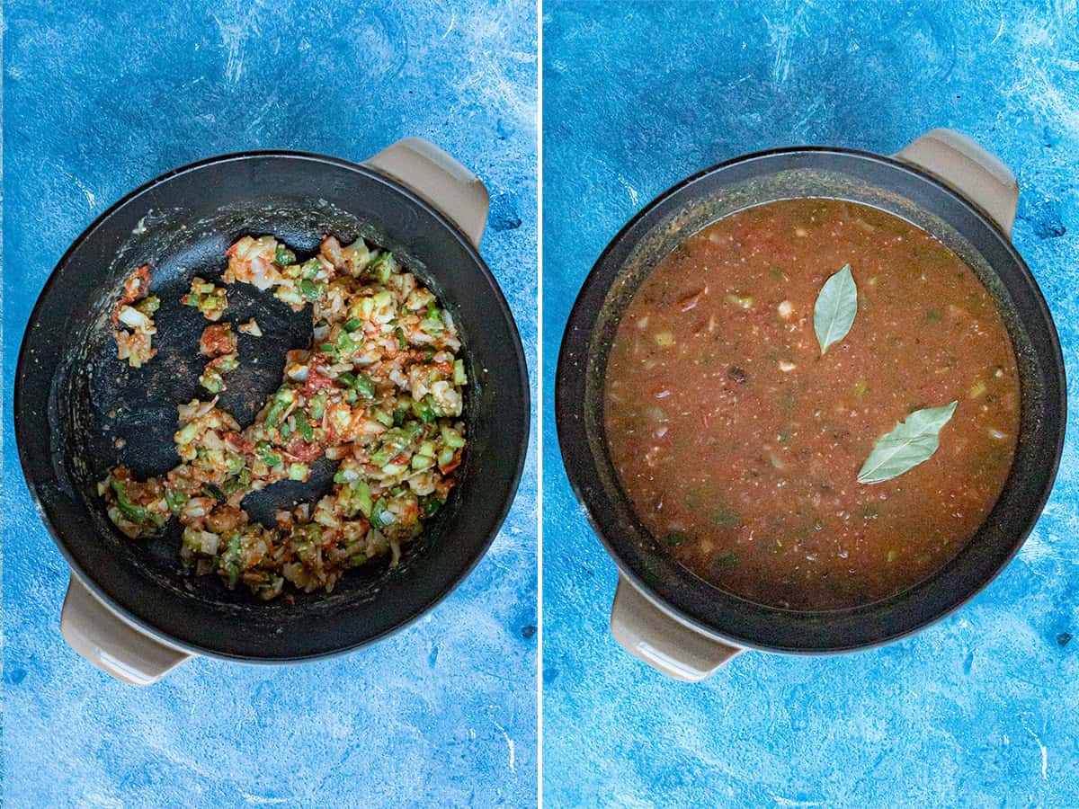 Simmering Creole Sauce Piquante in a large pot, topped with bay leaves