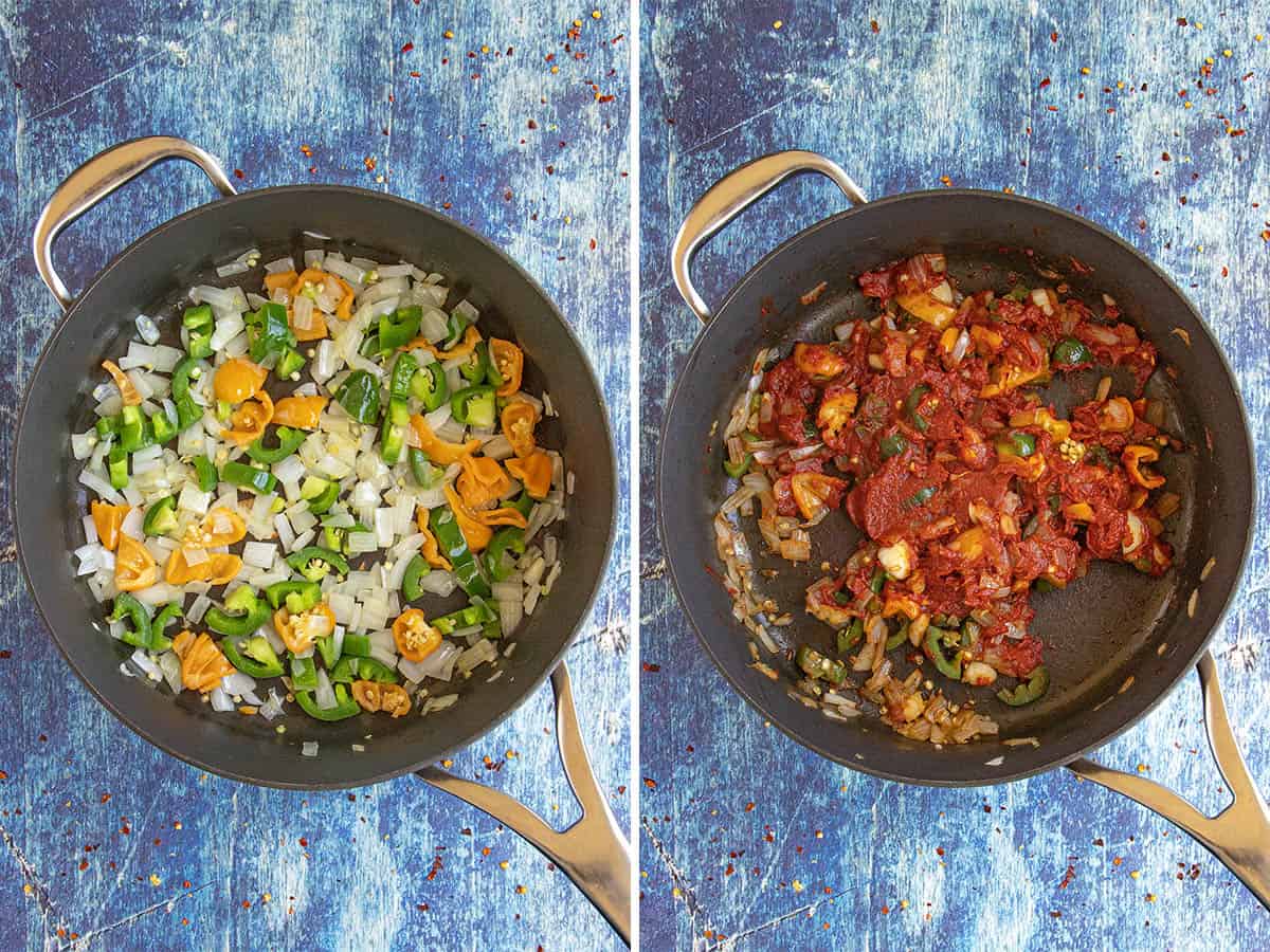 Simmering ingredients in a pan to make spicy habanero honey bbq sauce