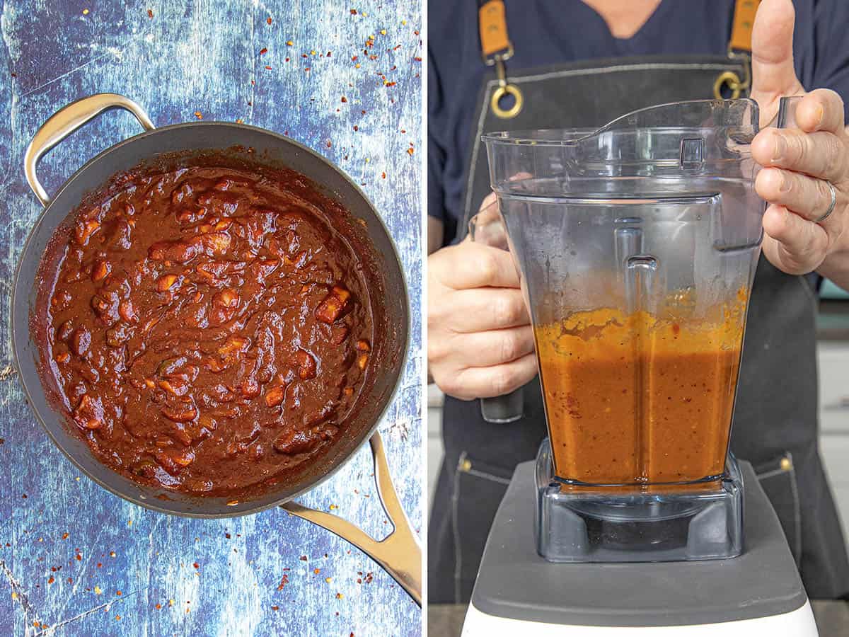Simmering ingredients in a pan, then blending them to make spicy habanero honey bbq sauce