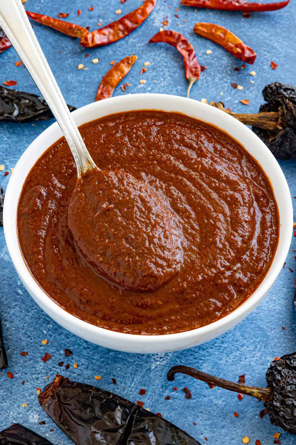 A white bowl filled with thick, dark red Birria sauce, with a spoon resting inside. Dried chili peppers and red pepper flakes are scattered on a blue surface around the bowl.