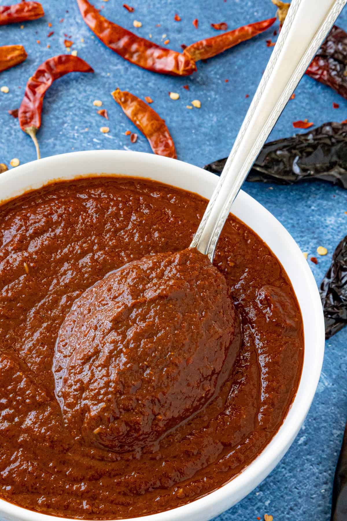 A close-up of a spoon scooping thick, red Birria sauce from a white bowl, with dried chili peppers and chili flakes scattered on a blue surface in the background.
