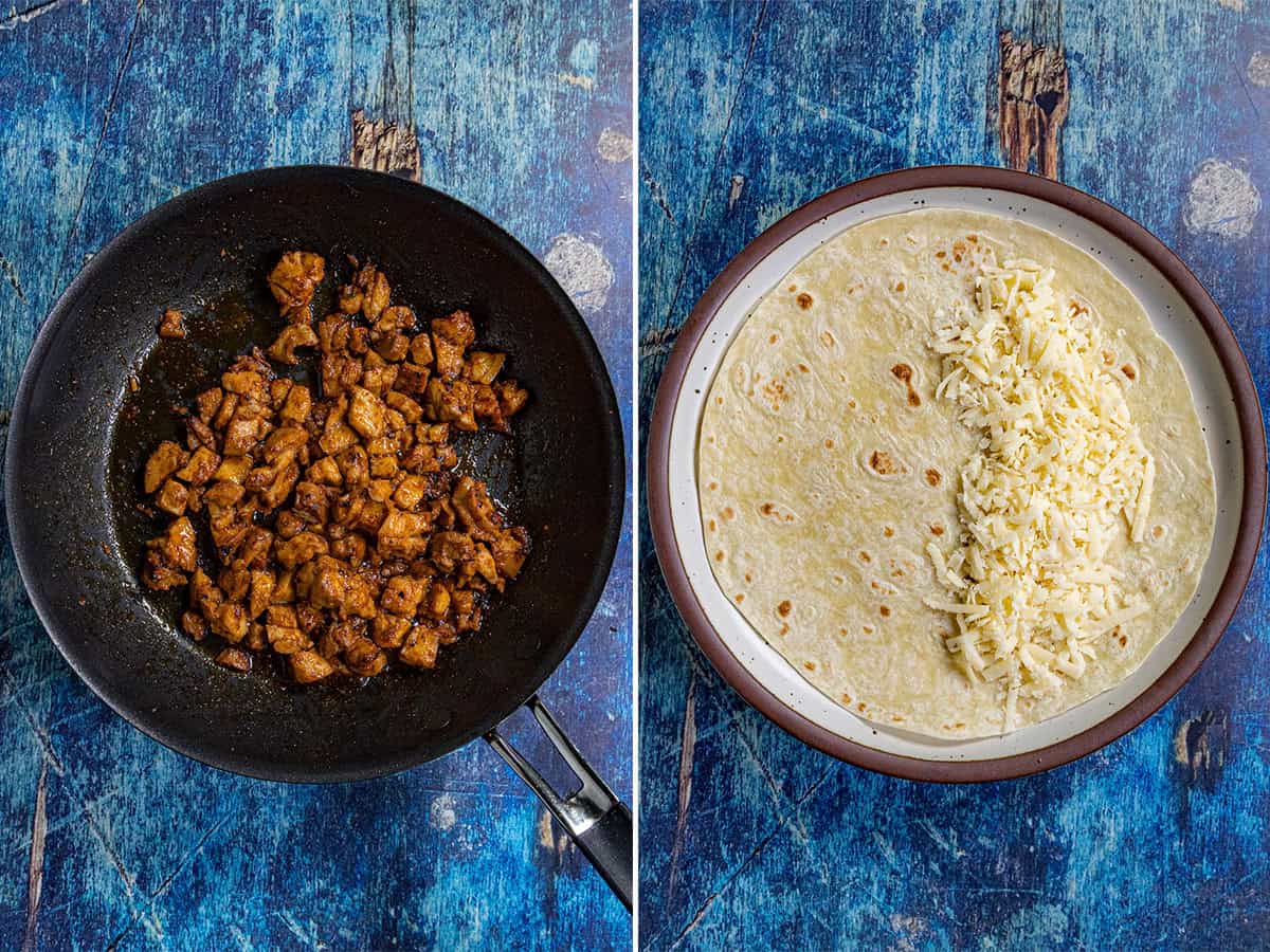 A split image: on the left, a pan with cooked, seasoned chicken pieces; on the right, a flour tortilla on a plate, half covered with shredded cheese, perfect for assembling delicious restaurant-style quesadillas on a blue wooden surface.