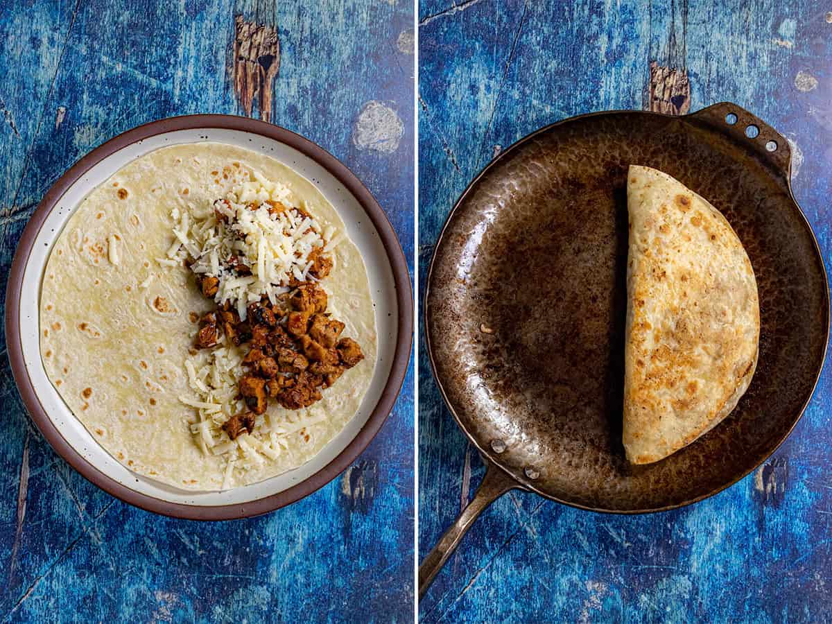 A split image: on the left, a tortilla with shredded cheese and cooked meat for Chicken Quesadillas on a plate; on the right, a folded quesadilla cooking in a skillet, both set on a blue textured surface.