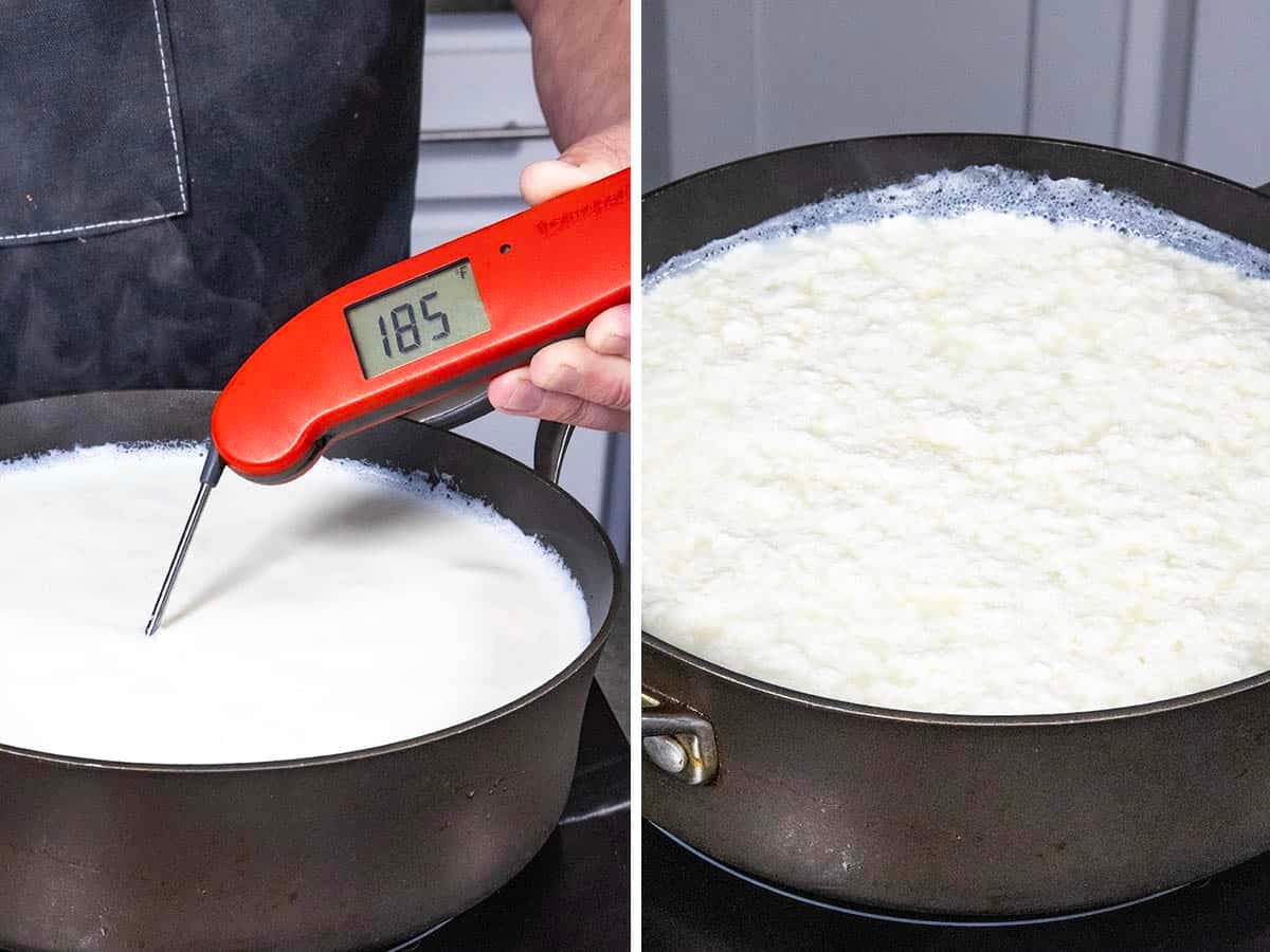 Mike from ChiliPepperMadness.com checks the temperature of milk in a pan with a red thermometer showing 185°F while making homemade queso fresco; next to it, the milk appears curdled and foamy in the pan.