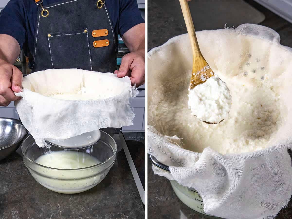 Mike from ChiliPepperMadness.com strains homemade ricotta cheese or Queso Fresco in cheesecloth over a bowl; the right image shows a close-up of a wooden spoon lifting the ricotta from the cheesecloth.