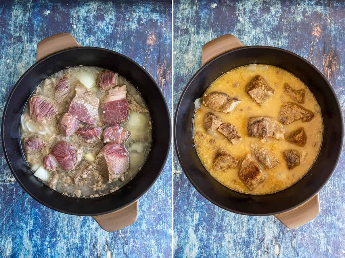 Side-by-side images of a pot with beef stew; the left shows raw beef chunks and onions in broth, while the right displays cooked, browned beef in thickened, golden broth - ideal for making hearty Suadero Tacos.