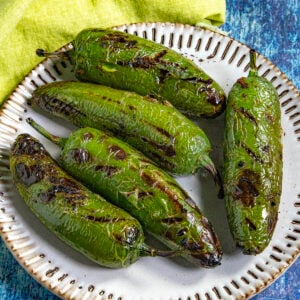 A plate of six Chiles Toreados, their shiny green skins charred with black marks, rests on a white dish with a decorative rim, set against a blue background and a yellow cloth.