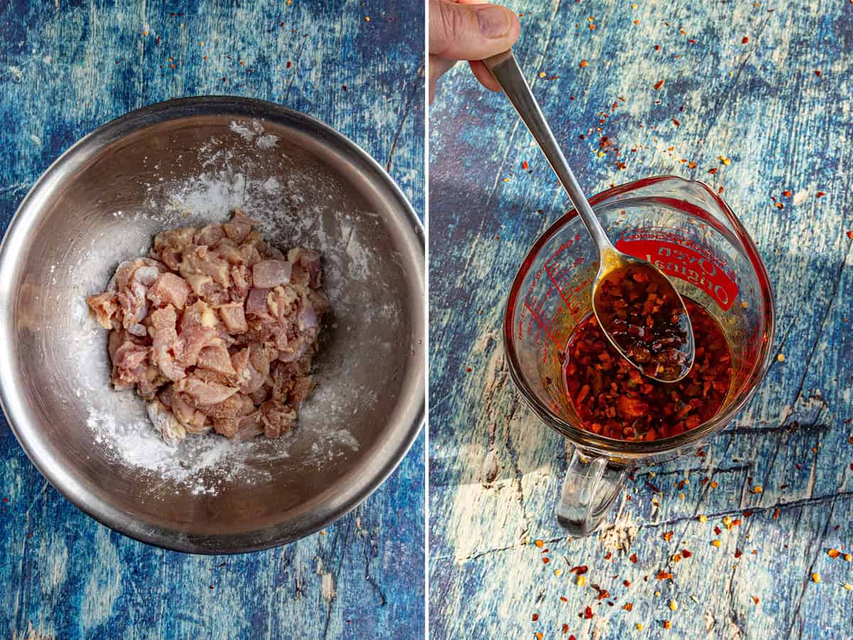 Two side-by-side images: on the left, a metal bowl with raw, cubed chicken coated in cornstarch for chili crisp chicken; on the right, a hand holding a spoon over a measuring cup filled with a red chili sauce mixture.
