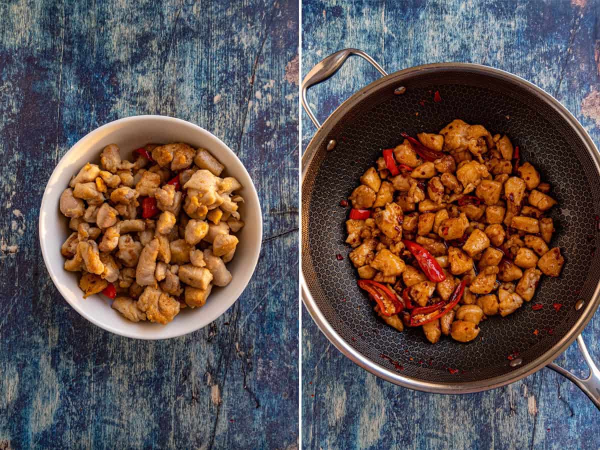 Side-by-side images: left, a bowl of seared chicken with red chili pieces; right, a frying pan with diced chicken and red chilies on a blue textured surface.