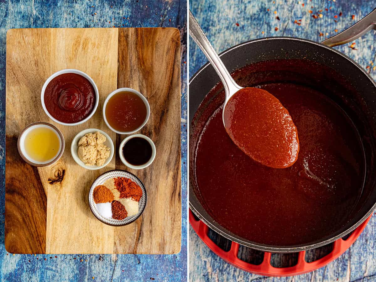 Two-panel image: Left shows ingredients like ketchup, apple cider vinegar, brown sugar, Worcestershire sauce, and spices for Hot Honey BBQ Sauce. Right shows a spoon holding thick barbecue sauce over a saucepan.