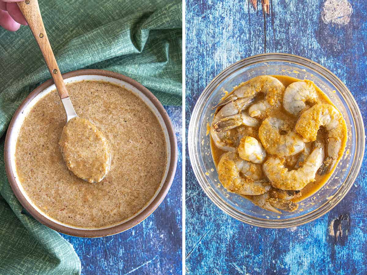 Split-image: Left side shows a bowl of thick, brown jerk marinade with a spoon in it on a green cloth; right side shows raw shrimp coated in the same marinade, ready to become delicious jerk shrimp, in a glass bowl on a blue surface.