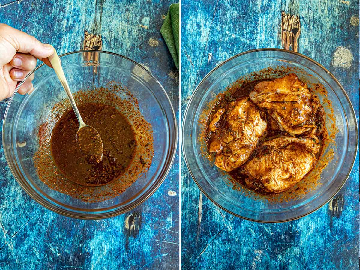 Two side-by-side images: on the left, a hand stirs Mexican Chicken Marinade in a clear bowl; on the right, several pieces of chicken are coated in the marinade in the same bowl, both on a rustic blue surface.