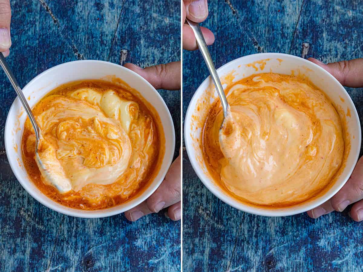 Two side-by-side images show hands mixing white mayonnaise and orange sriracha sauce to make Spicy Mayo in a white bowl on a blue textured surface. In the second image, the mixture is fully combined and creamy.