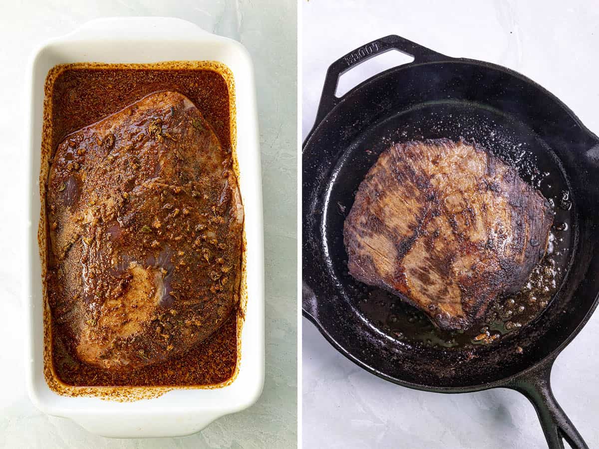 Side-by-side images show: left, a seasoned flank steak marinating in a white rectangular dish with fajita marinade; right, the flank steak searing in a black cast iron skillet&mdash;perfect steps for making flavorful Steak Fajitas.