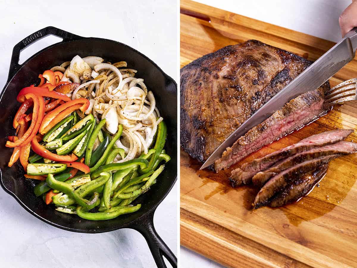 Left: Sliced red and green bell peppers, onions, and jalape&ntilde;os sizzle in a cast iron skillet. Right: A hand slices juicy steak on a wooden cutting board, perfect for Steak Fajitas.