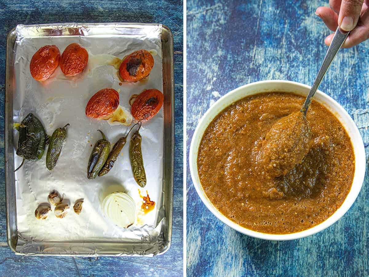 A baking sheet with roasted tomatoes, peppers, garlic, and onion on the left; on the right, a bowl of blended reddish-brown salsa—perfect for pairing with Bistec Ranchero—with a spoon scooping some out.