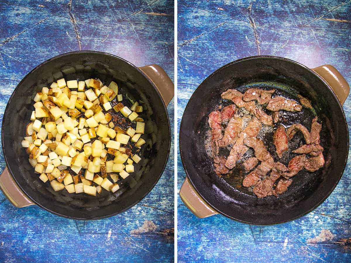 Side-by-side images showing a brown pot on a blue surface. On the left, diced potatoes cook, while on the right, slices of beef for Mexican Bistec Ranchero are being seared in the same pot.