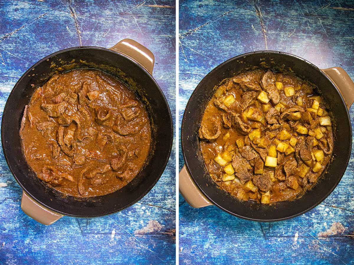 Two side-by-side images of a pot on a blue surface; the left shows beef simmering in a thick red-brown sauce for Mexican Bistec Ranchero, and the right shows the same beef with added chunks of potatoes.
