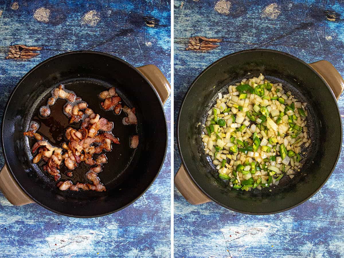 A split image shows a brown pot on a blue surface. The left features cooked bacon pieces for Mexican Borracho Beans, while the right displays chopped onions and green peppers sautéing in the same pot.