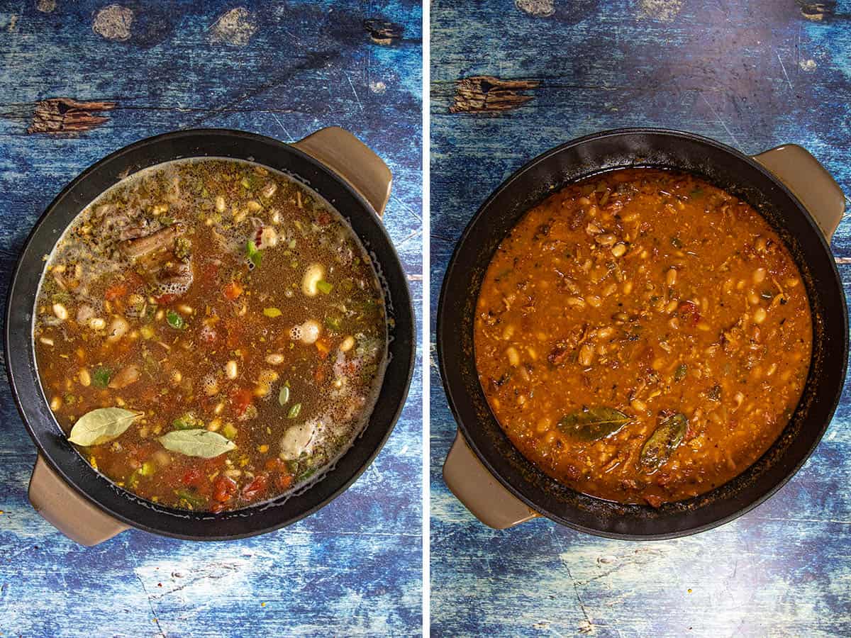 Two round pots filled with stew sit side by side on a rustic blue table; the left pot features Mexican Borracho Beans with visible broth, herbs, and bay leaves, while the right pot shows a thicker, simmered stew.