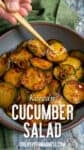 A bowl of Korean Cucumber Salad features sliced cucumbers in a spicy red sauce, topped with chili flakes. A hand uses chopsticks to pick up a slice. Text on image reads: "Korean Cucumber Salad chilipeppermadness.com".