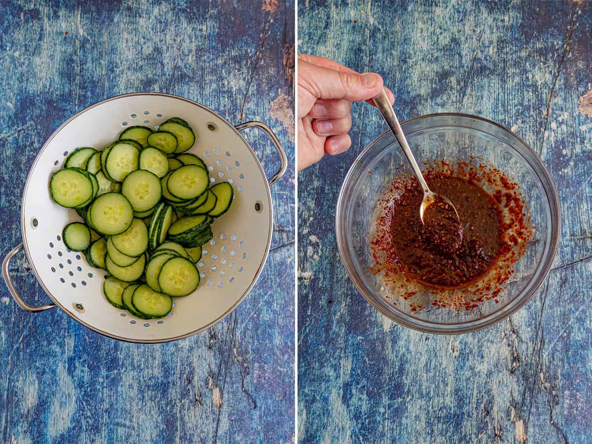 Two images side by side: on the left, sliced cucumbers in a colander; on the right, a hand stirs a dark, chunky sauce—key to Korean Cucumber Salad—in a glass bowl with a spoon, all set on a textured blue surface.