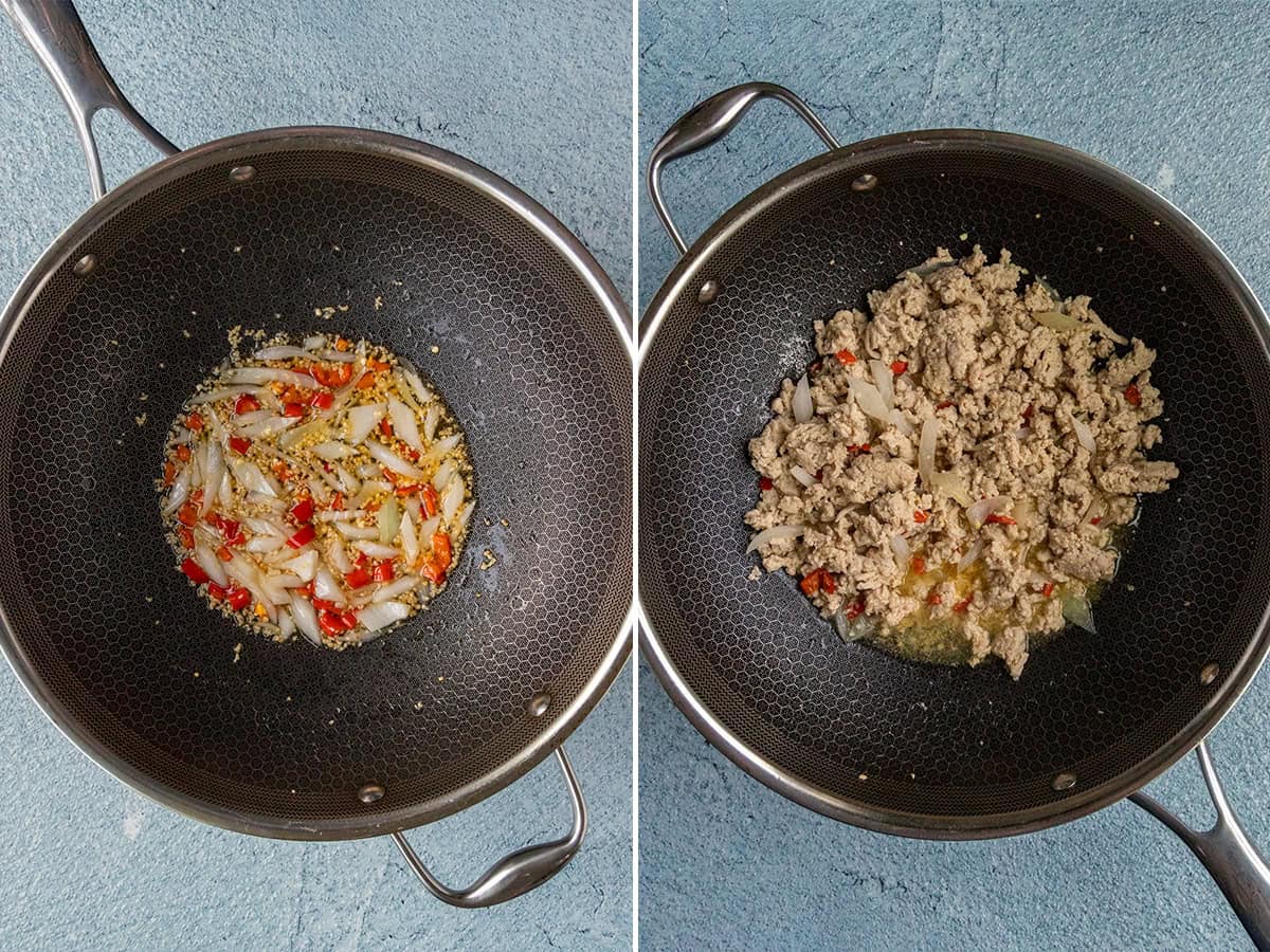 Split image showing a wok with sautéed onions, garlic, and red chili on the left, and Thai Basil Chicken with cooked ground meat added on the right, all set on a blue textured surface.