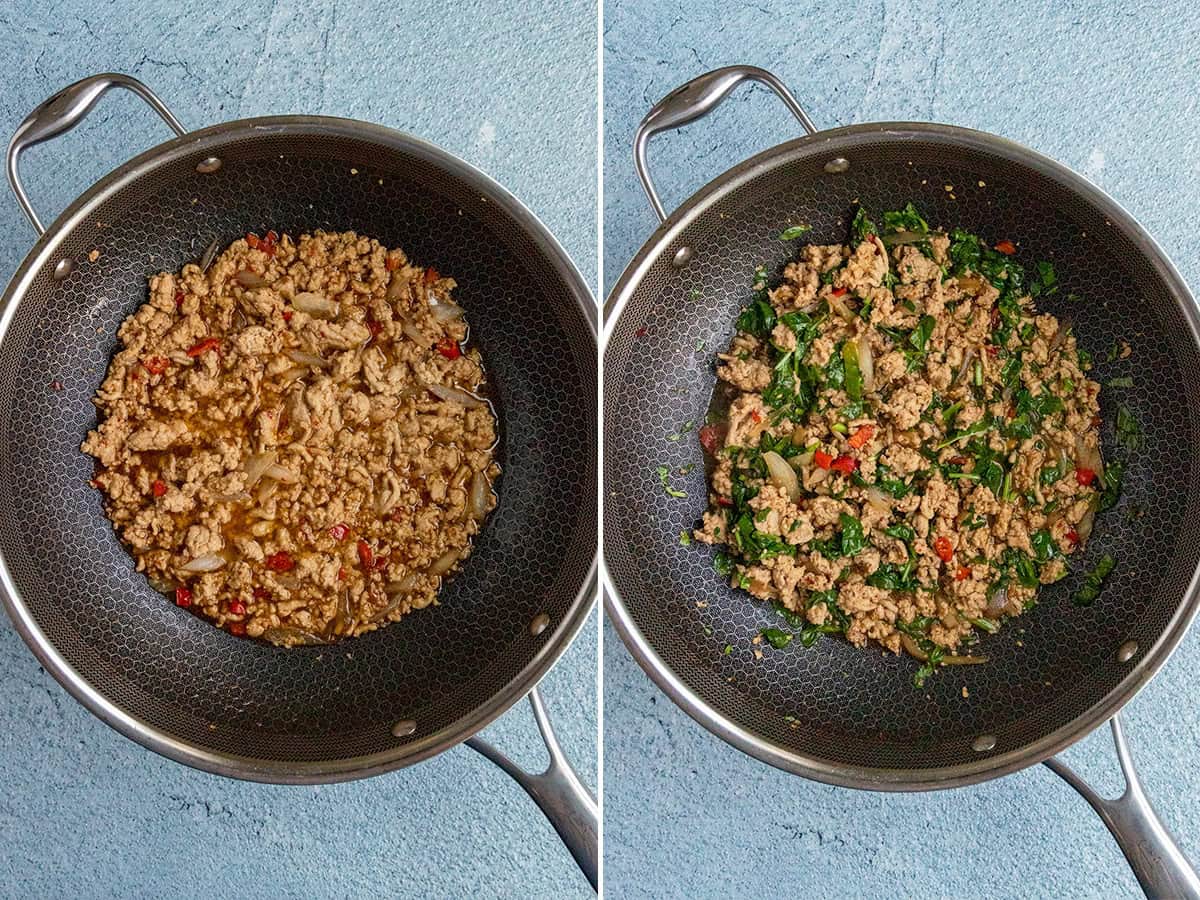 Side-by-side images show a large pan with cooked ground meat and onions on the left, and on the right, the same mixture transformed into Thai Basil Chicken with added green leafy vegetables and red chili peppers. Both pans sit on a blue textured surface.