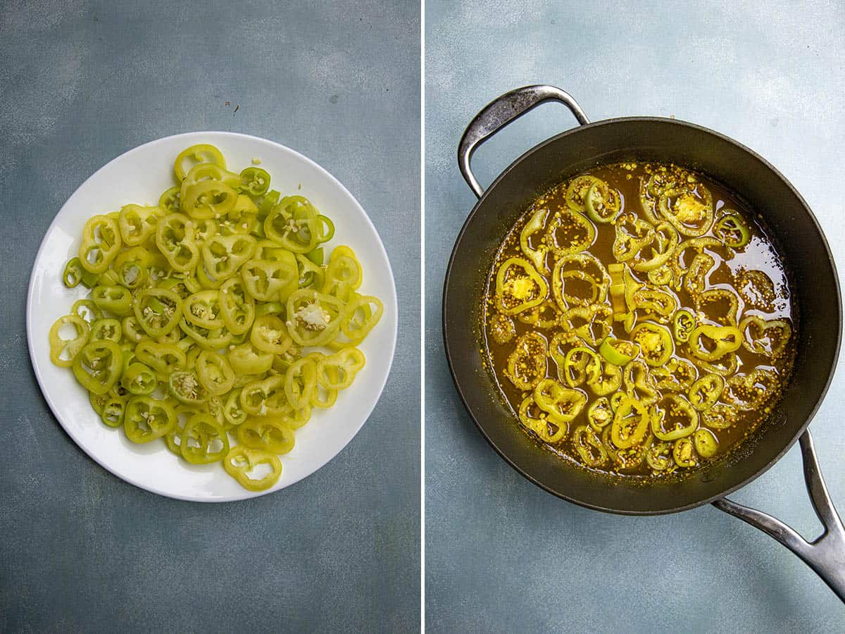 Sliced yellow peppers on a white plate (left) and the same peppers, transformed into candied banana peppers as they cook in a saucepan with spices and liquid (right), both on a blue surface.