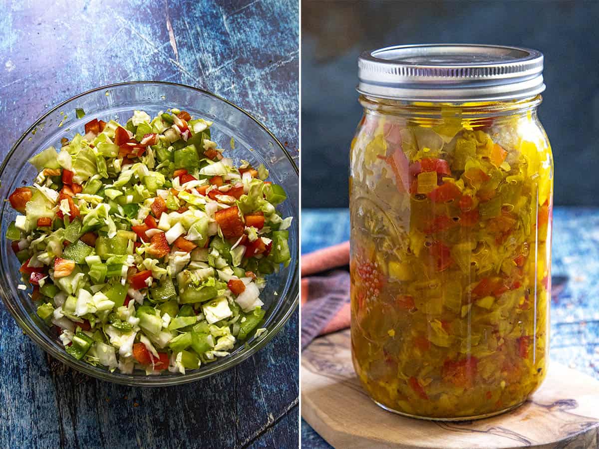 Side-by-side image: on the left, a bowl of chopped vegetables with red, green, and white pieces; on the right, a glass jar filled with chunky Chow Chow Relish or a similar vegetable pickle mixture.