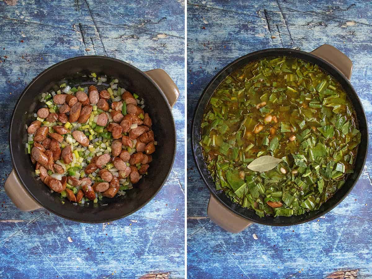Two images: The left shows sliced sausage, onions, and green peppers cooking in a black pot. The right captures the savory essence of Swamp Soup (Turnip Green Soup), with chopped greens, sausage, and a bay leaf simmering in broth in the same pot. Both pots sit on a rustic blue surface.
