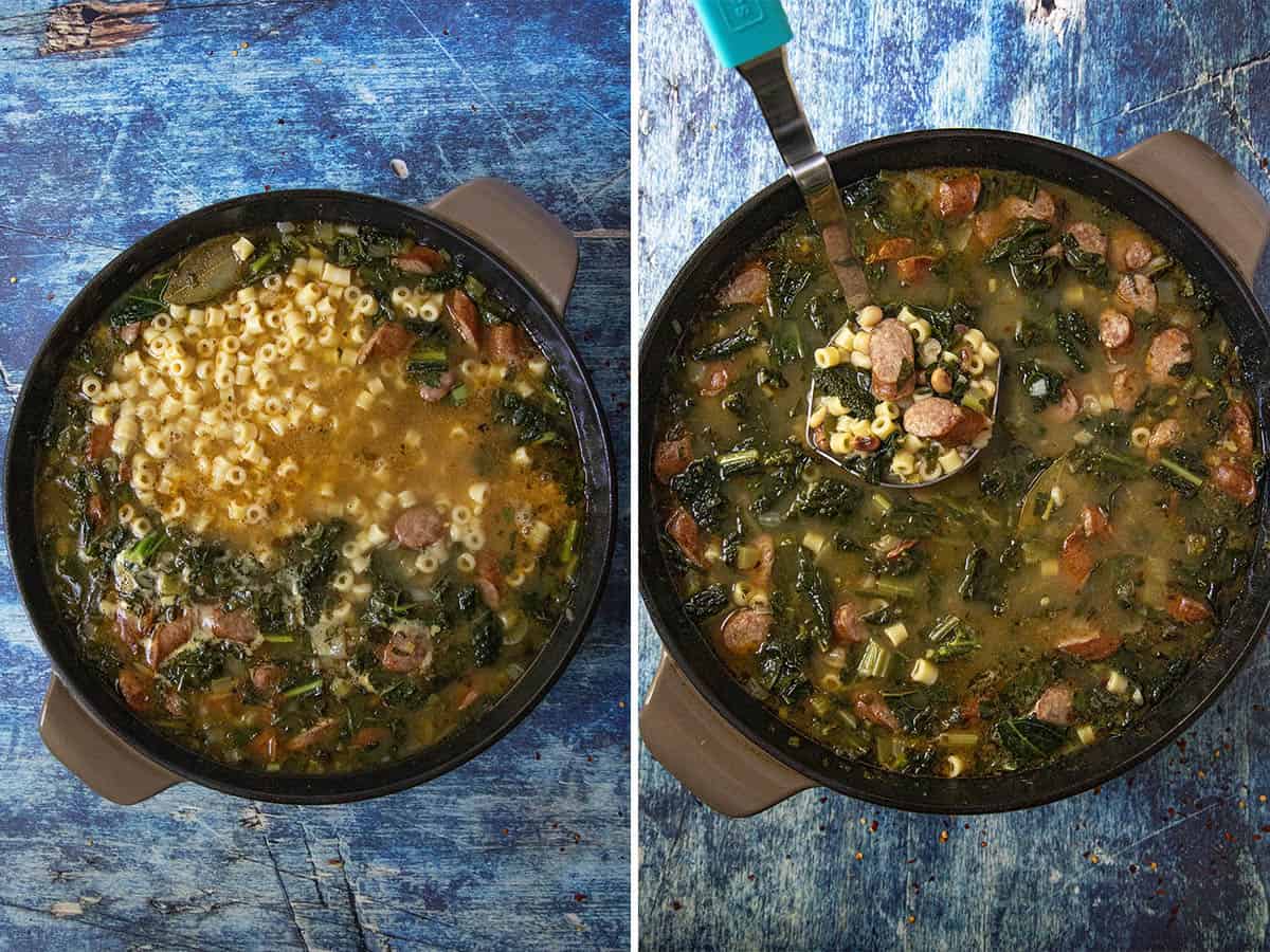 Side-by-side images of a pot with Swamp Soup (Turnip Green Soup). Left: uncooked pasta sits atop soup with sausage, kale, and veggies. Right: the soup is fully mixed and cooked, with a ladle lifting some out. The pot sits on a blue textured table.