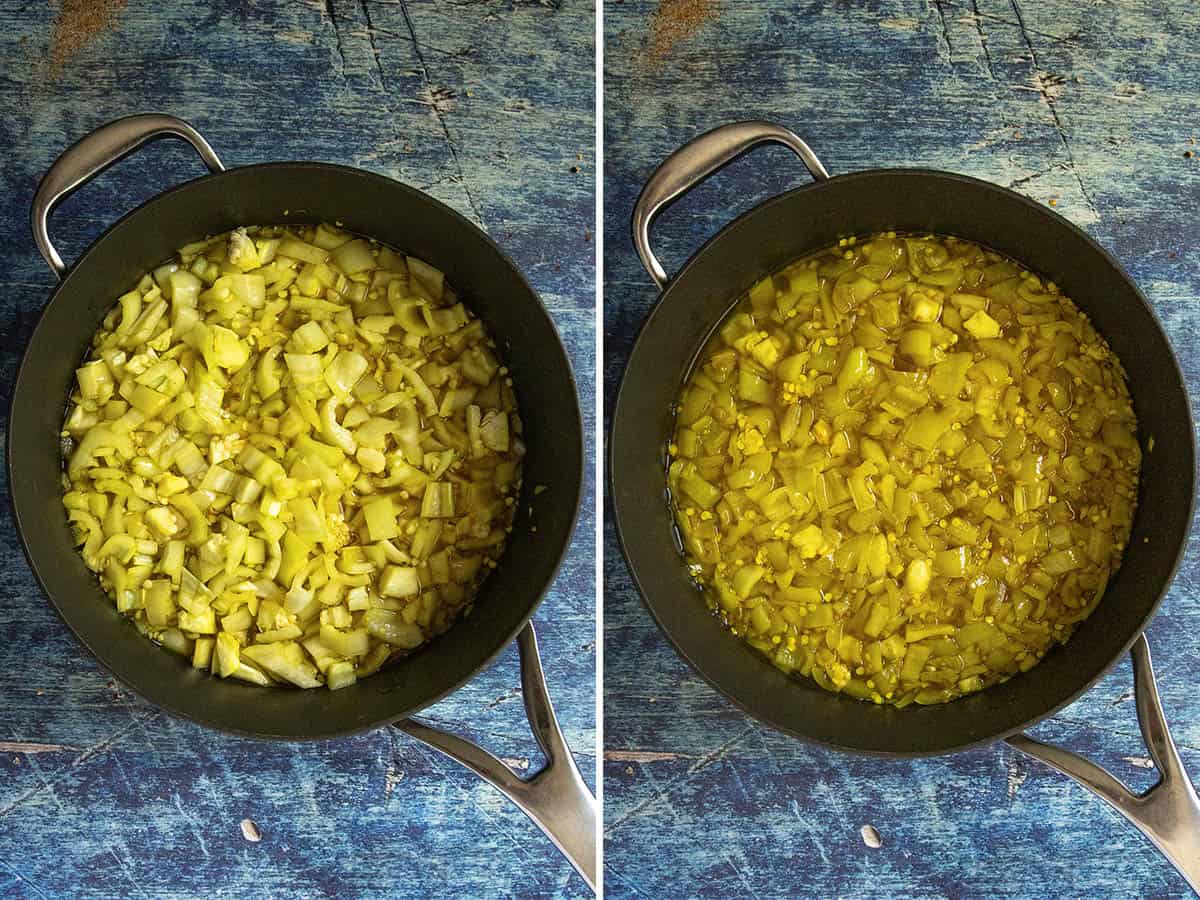 Side-by-side images show a black pot with chopped banana peppers in liquid on a rustic blue surface. Left: the fresh ingredients for Banana Pepper Relish are vibrant and colorful. Right: the peppers have become more translucent, clearly showing they have been cooked down into a flavorful relish.