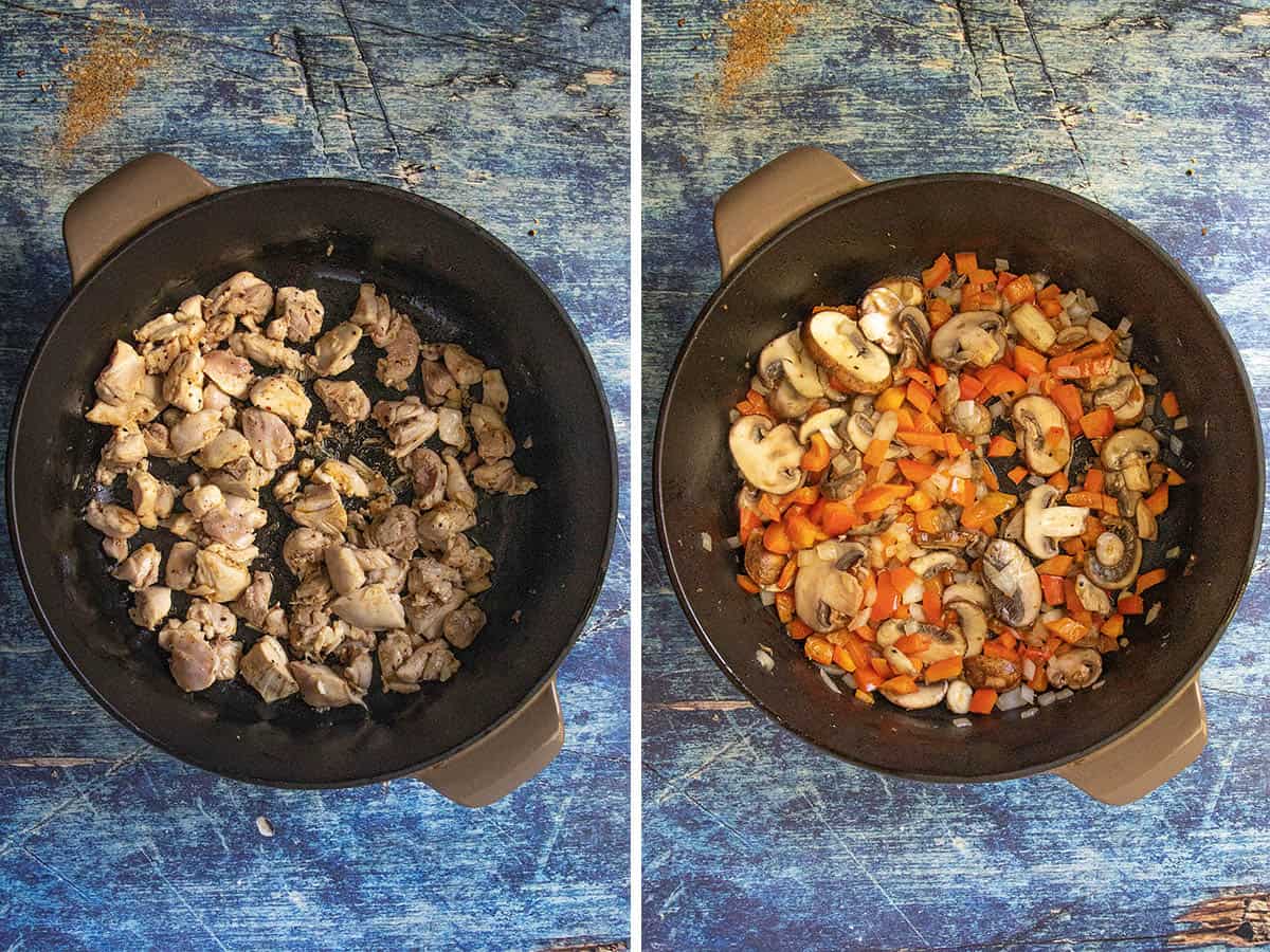 Side-by-side images of a skillet: left shows cooked chicken pieces, right shows mushrooms, carrots, and onion in the skillet. Both are on a blue wooden surface, illustrating key steps in preparing this Chicken Riggies recipe.