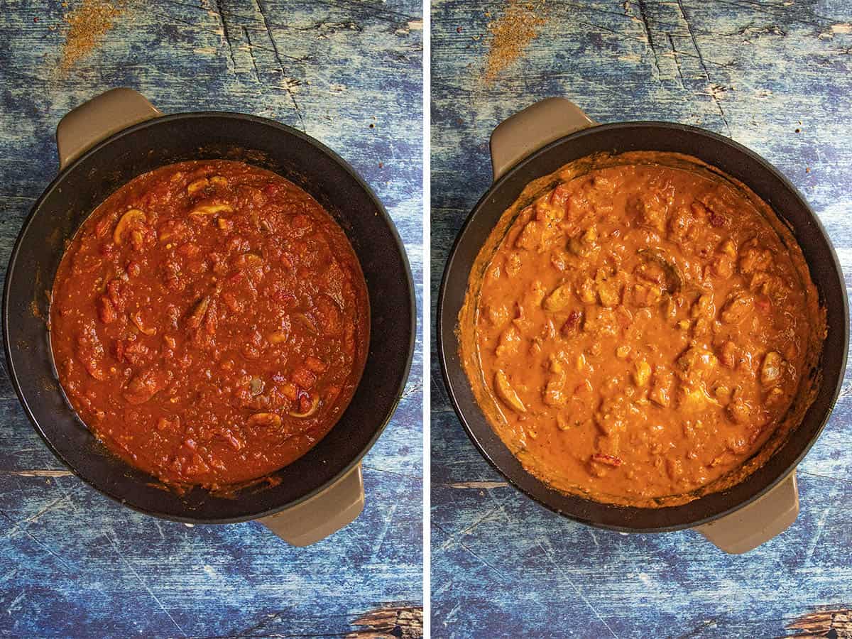Two pots of stew on a blue textured surface: the left pot has a chunky red tomato-based sauce for Chicken Riggies, while the right pot features a creamy orange sauce with visible chunks of vegetables and meat.