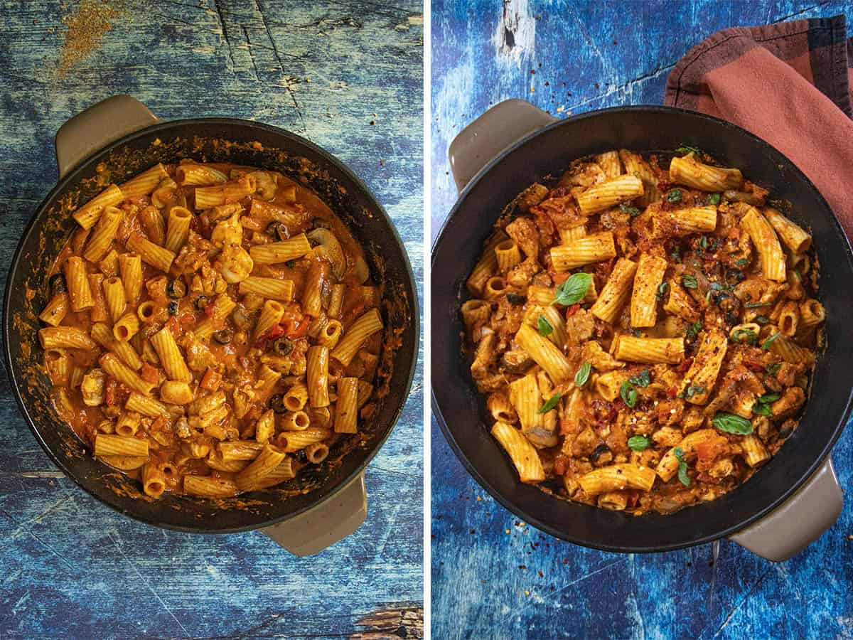 Two side-by-side photos of cooked rigatoni pasta in a black pot with tomato sauce, vegetables, and herbs, placed on a blue rustic surface. Classic Chicken Riggies, the dish is garnished with fresh basil leaves.