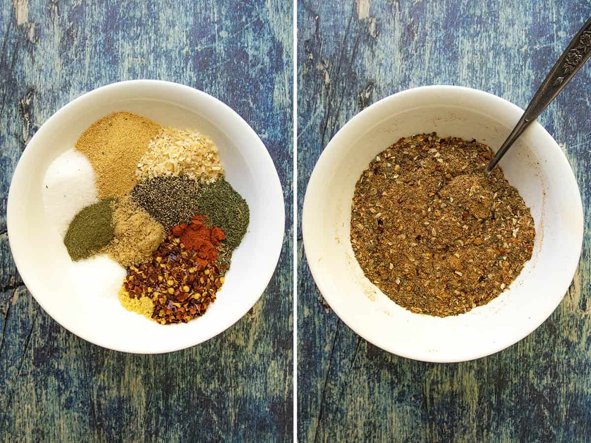 Two white bowls on a blue wooden surface: the left bowl displays separate piles of various spices for Cowboy Butter Seasoning, while the right bowl shows the spices mixed together with a spoon.