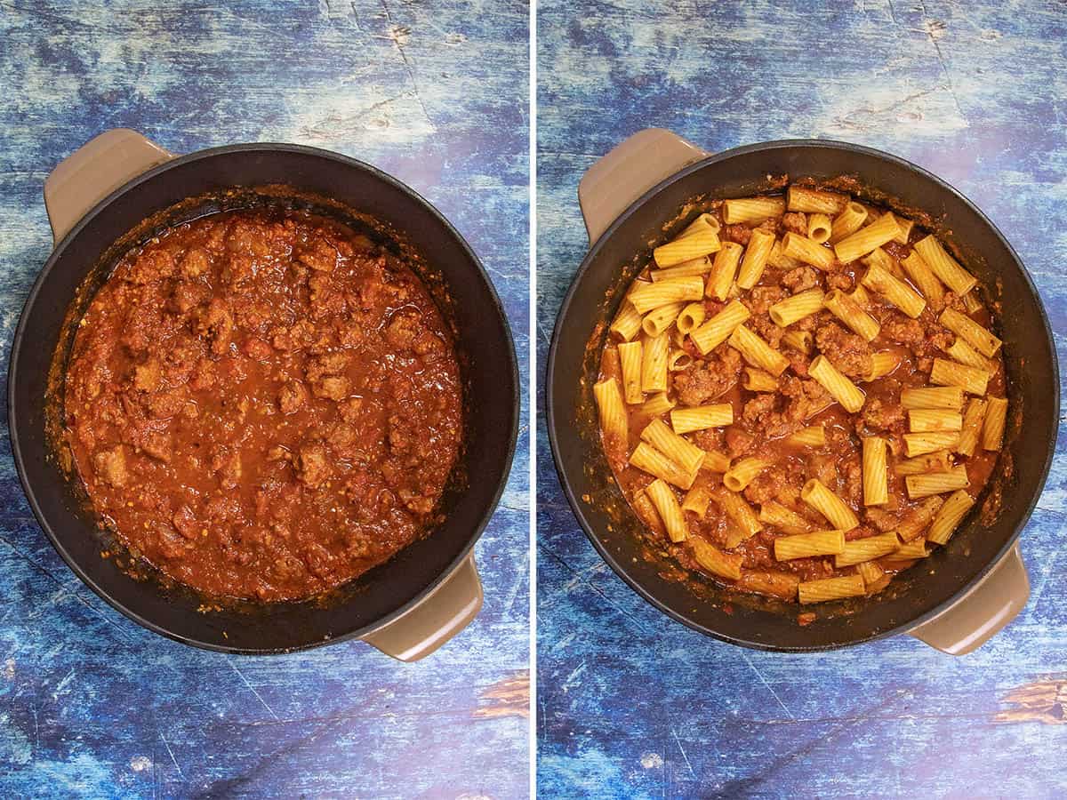 Simmering Spicy Italian Sausage Pasta sauce in a pot, then tossing it with freshly cooked rigatoni pasta