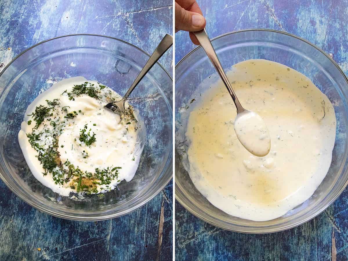 Two side-by-side images: left shows a bowl with herbs, spices, and creamy ingredients being mixed for homemade ranch dressing; right shows the blended creamy mixture with a spoon lifting some up.