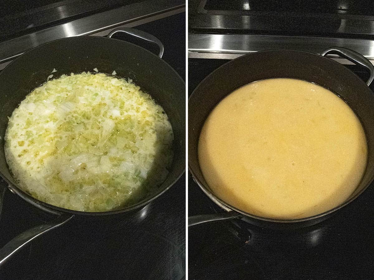 Cooking down the creamy base in a wide pot for making she crab soup