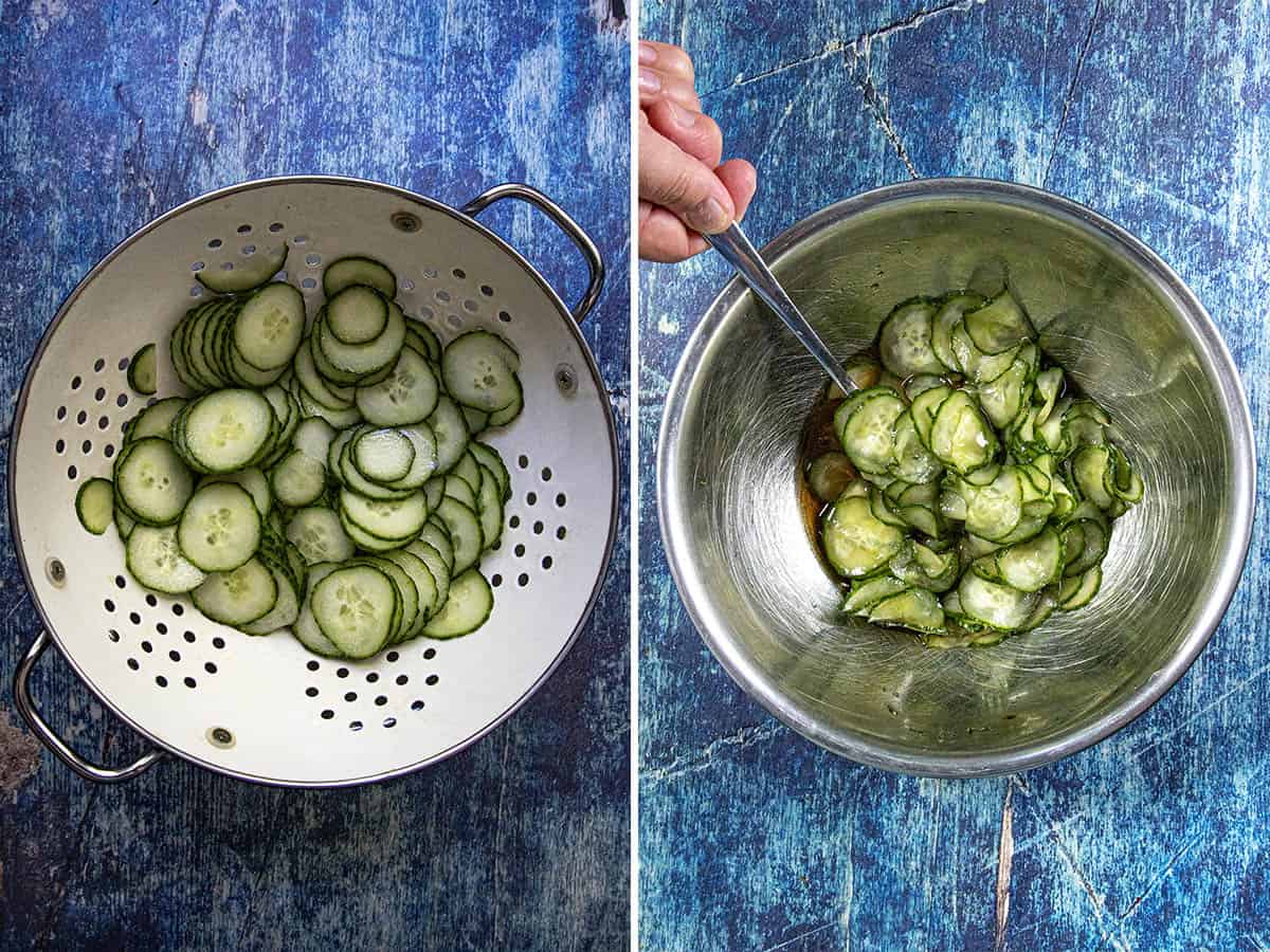 Draining sliced cucumbers in a colander and mixing them with dressing to make Sunomono (Japanese Cucumber Salad)