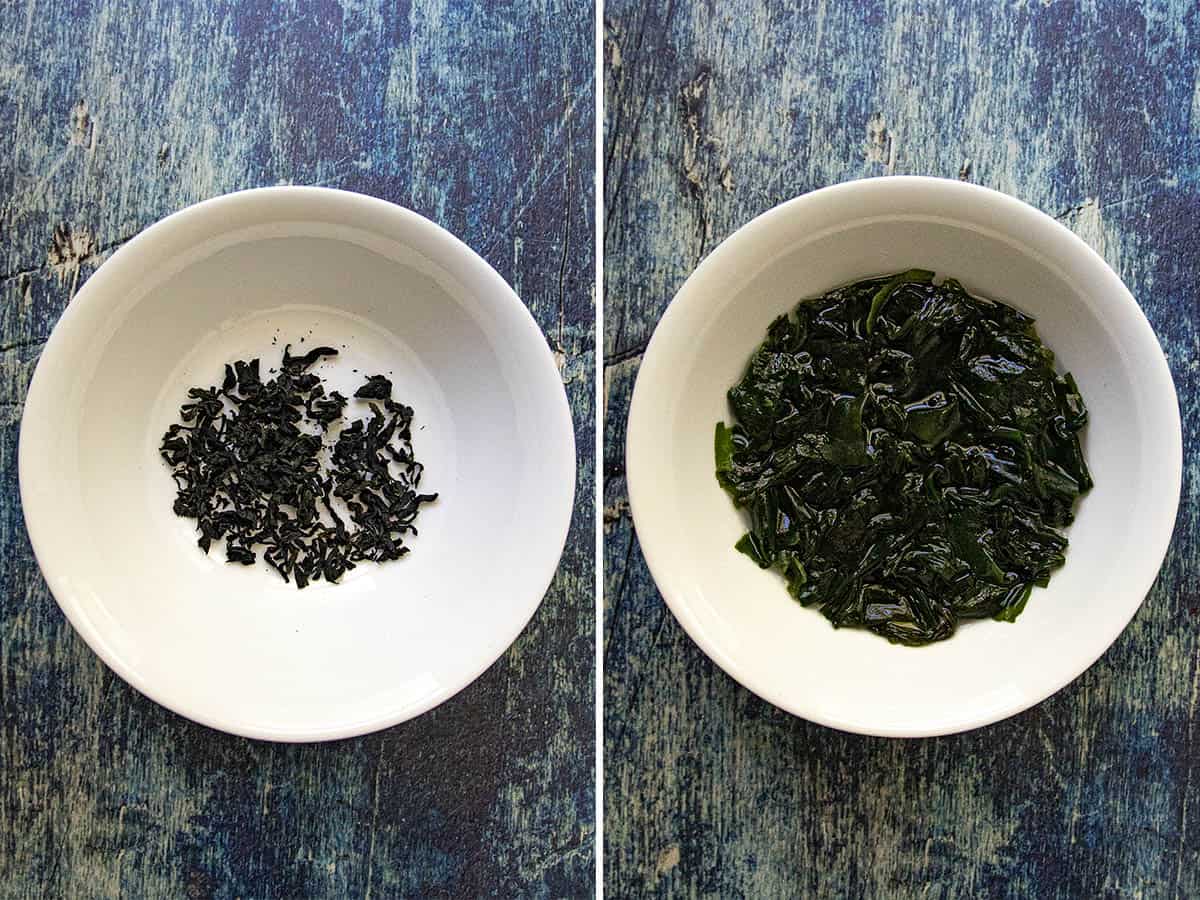 Dried wakame in a bowl, with another bowl beside it filled with rehydrated wakame (seaweed)